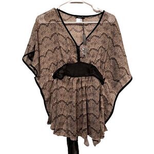 Vintage Y2K Mocha Sheer Blouse 90s Retro Caftan Sleeves Belt Tie Sz Small NWT